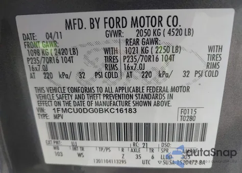2011 Ford Escape Xlt z USA, uszkodzony, nr VIN 1FMCU0DG0BKC16183